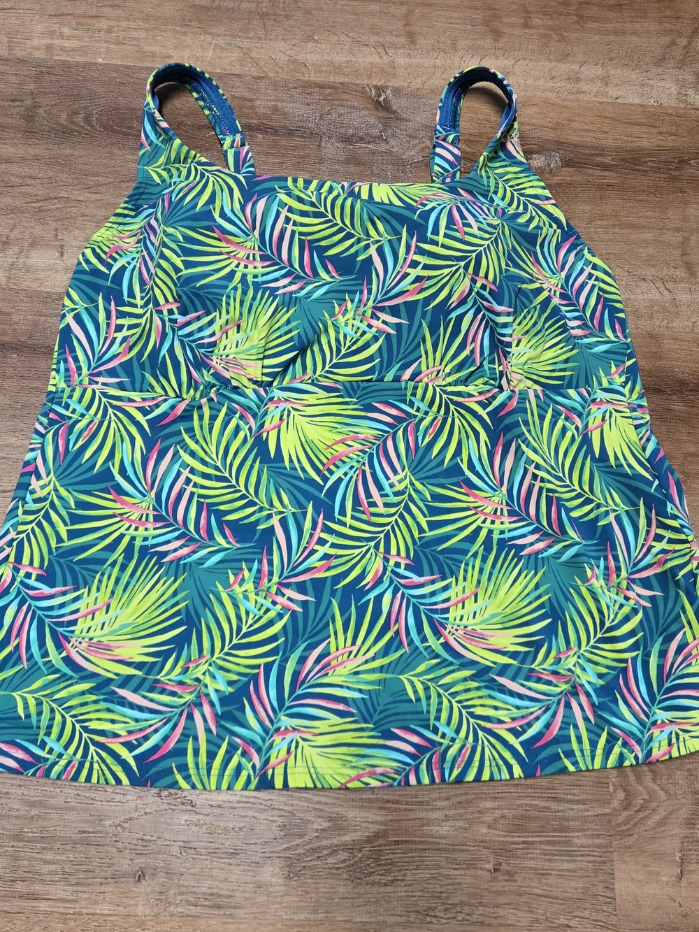 Lands' End Tropical Leaf Tankini Top - Teal, Neon Green & Pink 16W